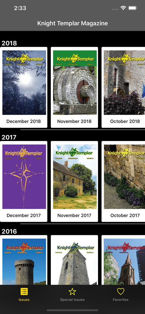 Interfaz de la aplicación Knight Templar Magazine mostrando números mensuales organizados por año
