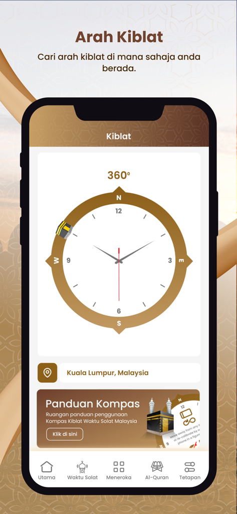 Waktu Solat Malaysia - A digital Qibla compass feature in the Waktu Solat Malaysia mobile app showing the direction to the Kaaba from Kuala Lumpur