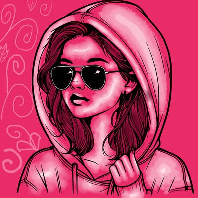 realistic teenage girl, wearing a hoodie and sunglasses