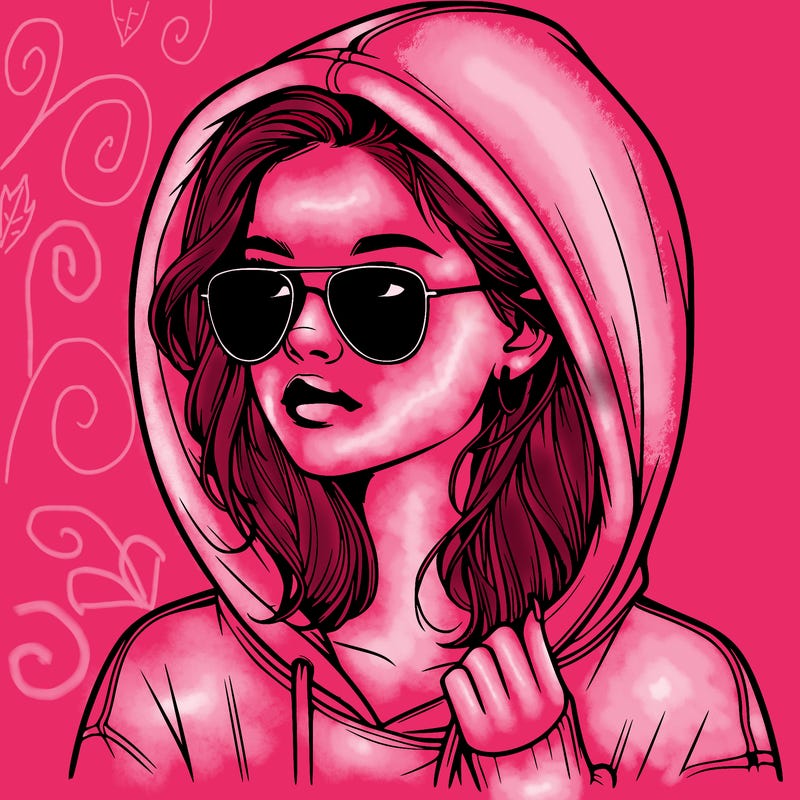 realistic teenage girl, wearing a hoodie and sunglasses