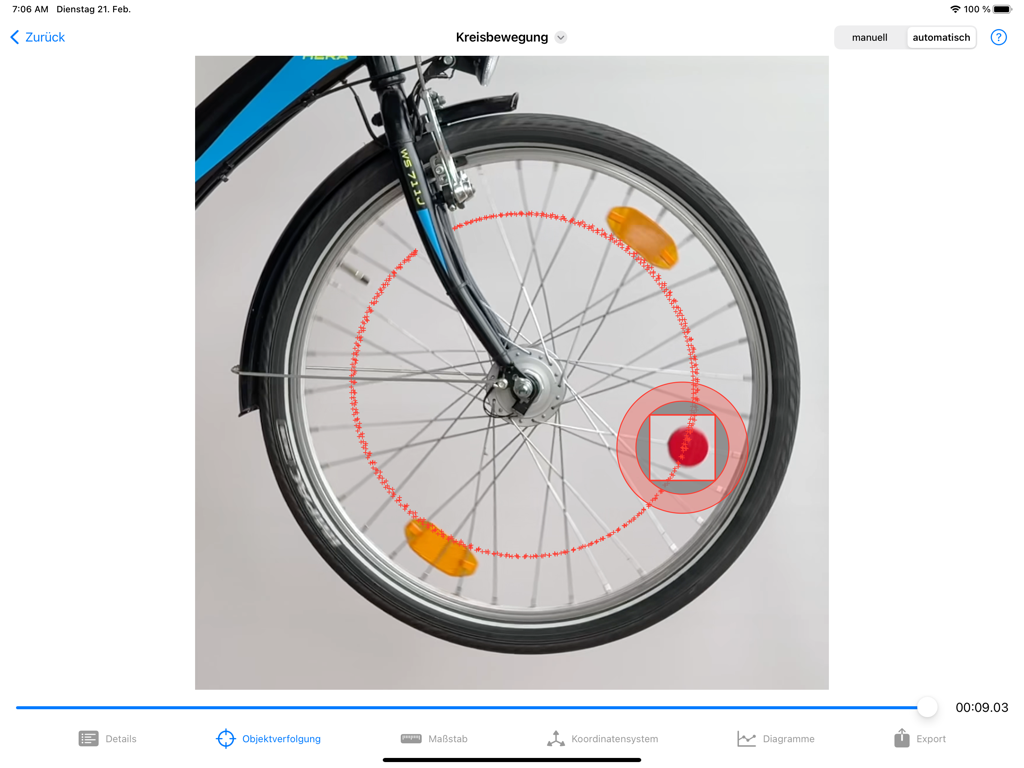 Viana 2 - Viana 2 app interface tracking the circular motion of a bicycle wheel reflector