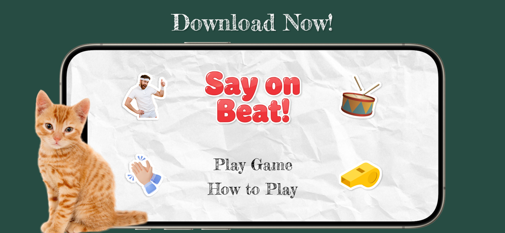 Say the Word on Beat Challenge - Home screen of the Say on Beat rhythm game app featuring a cute kitten and musical challenge icons