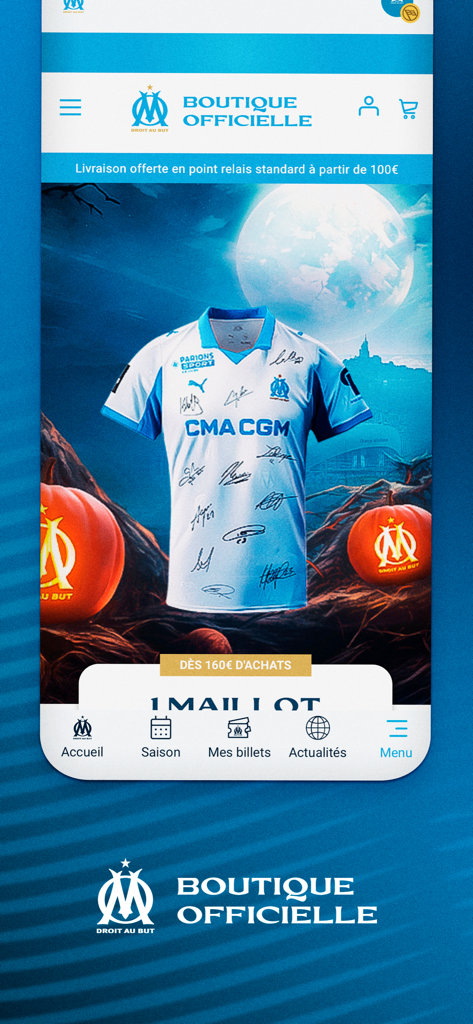 L'interface officielle de l'Olympique de Marseille sur l'App Store affichant un maillot de football signé.