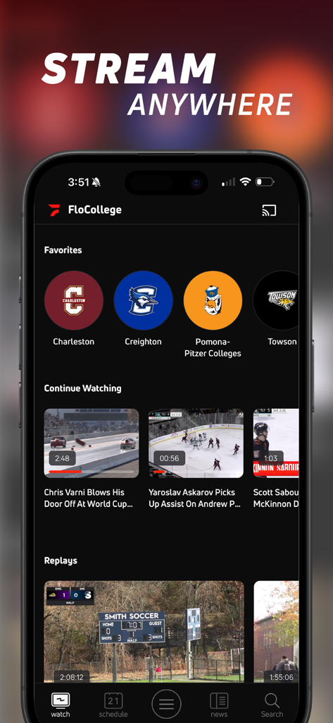 FloSports mobile app interface showing live streaming college sports and personalized favorites.