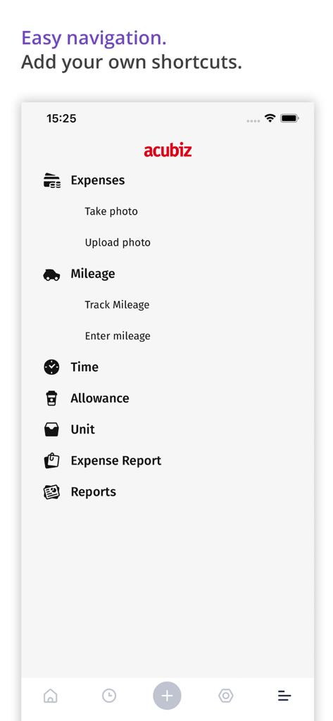 Acubiz - Menú principal de la aplicación Acubiz con accesos directos para seguimiento de gastos, kilometraje e informes