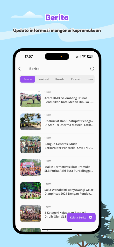 The news feed interface of the AyoPramuka Kwarnas mobile app displaying various Indonesian scouting activity updates and national news articles.