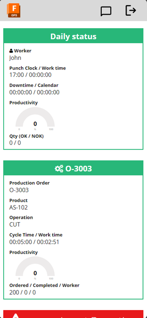 Daily manufacturing production status and worker productivity dashboard in the Fusion Operations app.