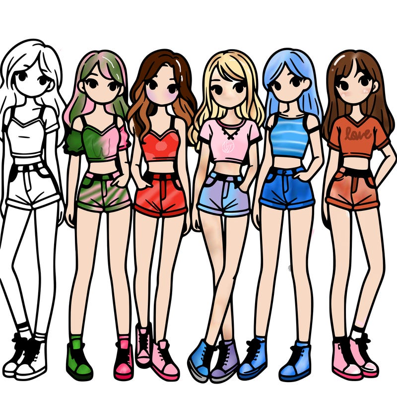 a group of girls wearing crop tops and shorts