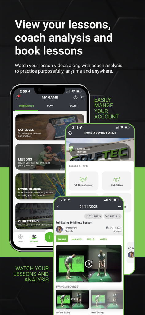 GOLFTEC mobile app interface for booking golf lessons and reviewing swing analysis videos