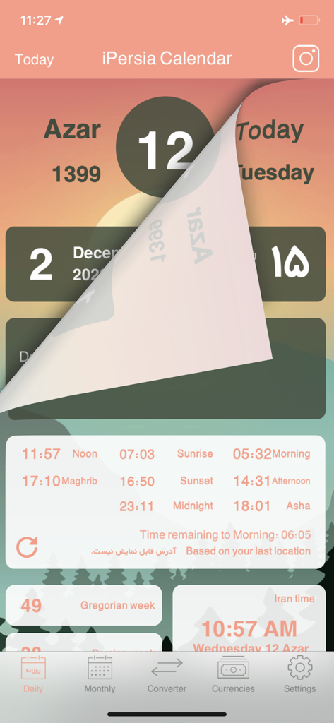Dashboard giornaliera di iPersia Calendar che mostra più sistemi di date e orari di preghiera.
