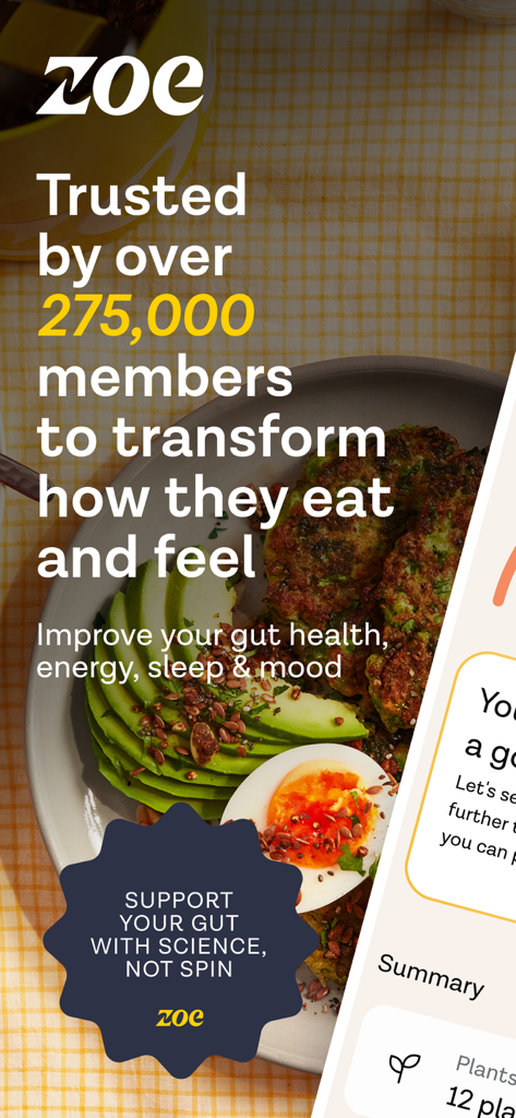 ZOE Health: AI Meal Tracker - ZOE Health app promotional screen highlighting gut health science and a nutritious meal