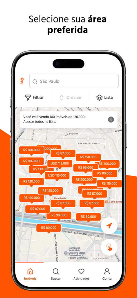 Imovelweb App-Kartenoberfläche, die Immobilienanzeigen und Preise in São Paulo zeigt