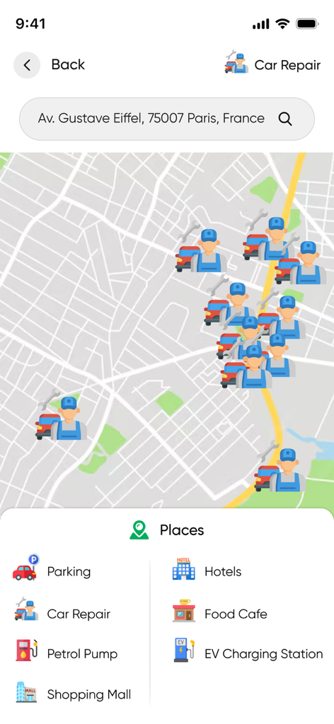 EVMap- Charging Station Finder - Map view of the EVMap app displaying nearby car repair service locations in Paris