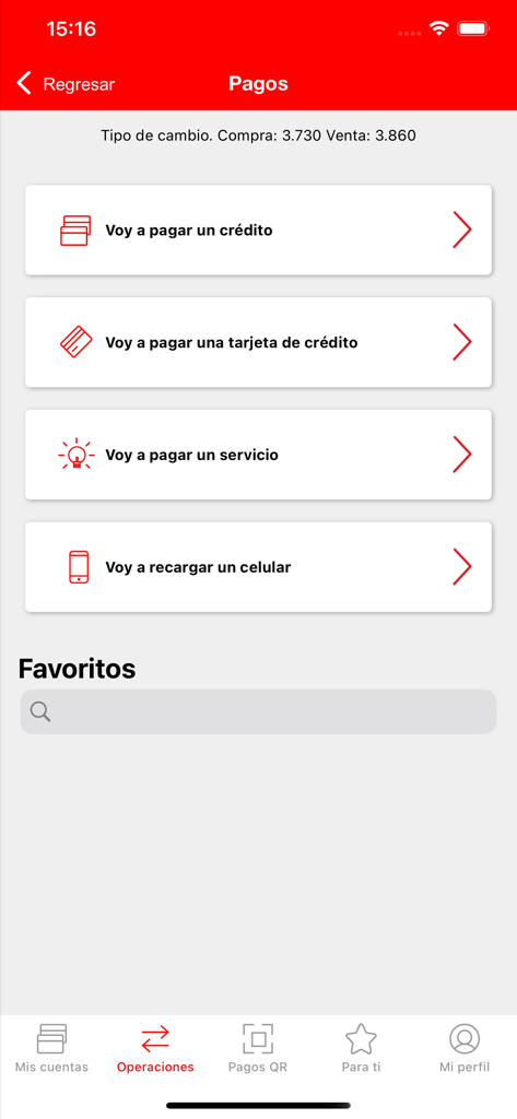 Wayki App - Caja Cusco Móvil - Tela do menu de pagamentos do Wayki App mostrando opções para empréstimos, cartões de crédito, serviços e recargas de celular