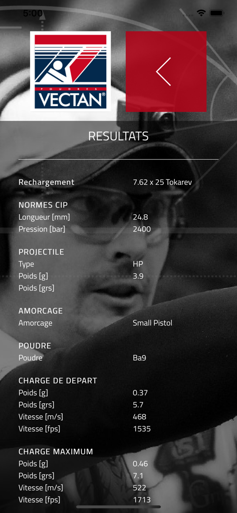 Vectan - Écran des résultats de l'application Vectan montrant les spécifications de rechargement pour les munitions 7,62 x 25 Tokarev