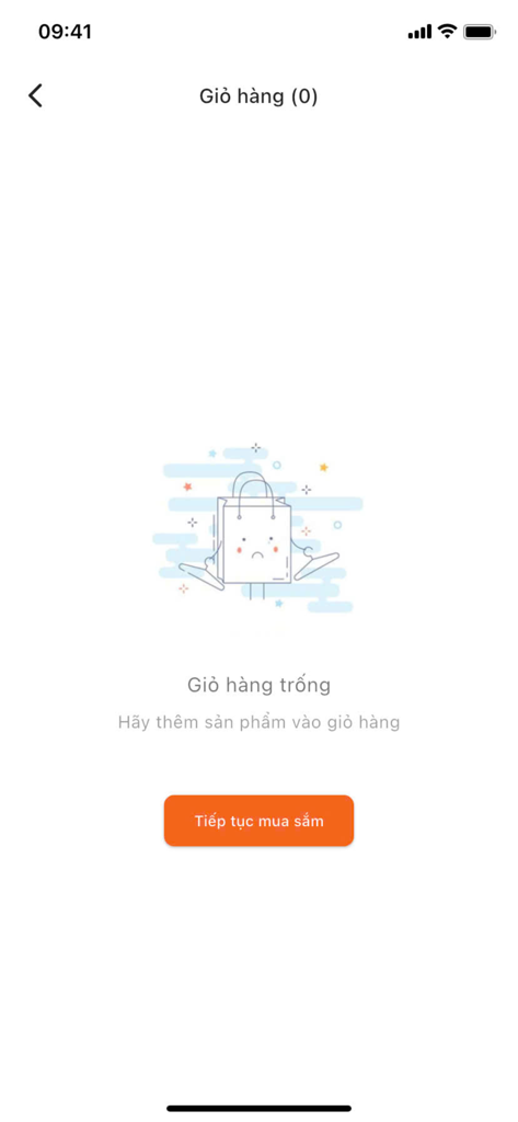 Empty shopping cart screen on the ShopVNB mobile app