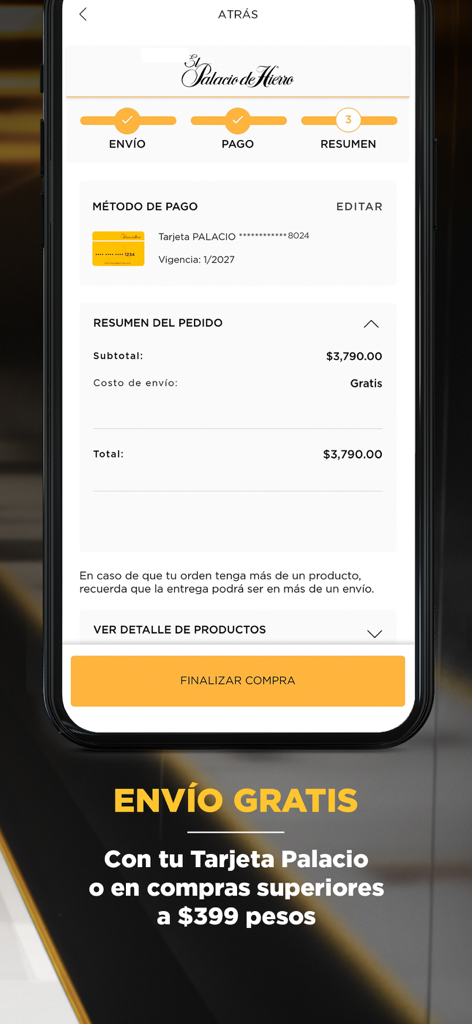 El Palacio de Hierro - Tarjeta Palacio 결제 및 무료 배송 정보가 표시된 Mi Palacio 앱의 체크아웃 요약 화면