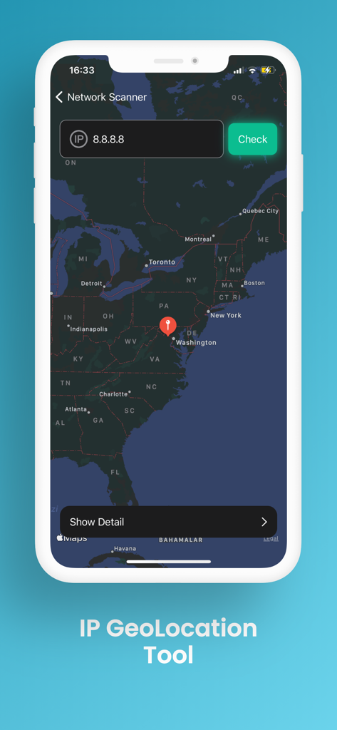 Interfaz de la app NetScan que muestra la herramienta de geolocalización de IP con un pin de ubicación en un mapa de los Estados Unidos.