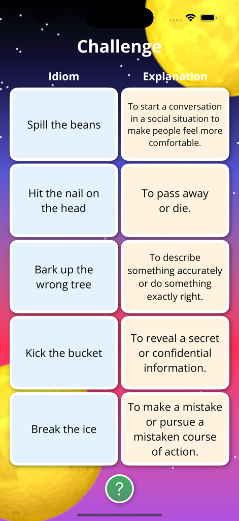 Une capture d'écran de l'application WordVibes montrant un écran de défi où les joueurs doivent associer des expressions idiomatiques courantes comme 'Spill the beans' et 'Break the ice' à leurs explications correctes.