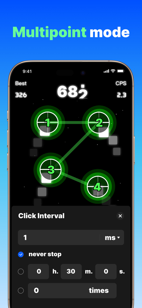 iPhone screenshot of GA Auto Clicker showing multipoint mode with four numbered targets and click interval settings menu