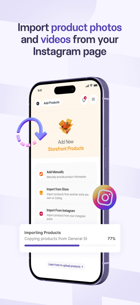 Catlog: Create Online Store - Interface of Catlog app showing the process of importing products from Instagram to an online store
