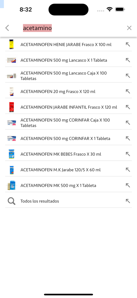 Farmacias Punto Farma - Resultados de búsqueda de paracetamol en la aplicación Farmacias Punto Farma mostrando diferentes marcas y formatos de medicamentos
