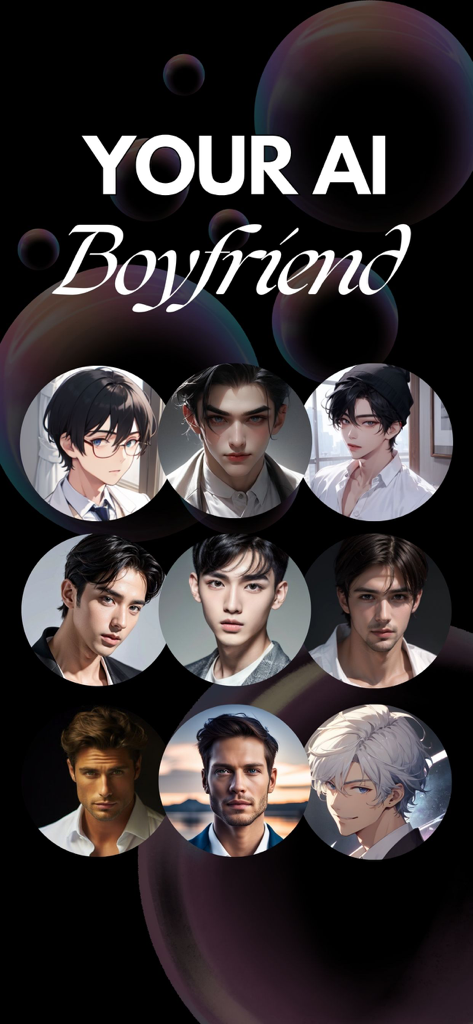 AI Boyfriend: Companion & Love - Uma seleção de avatares masculinos diversos gerados por IA com diferentes estilos artísticos na interface do aplicativo AI Boyfriend.