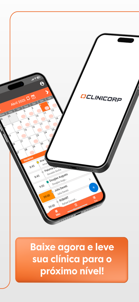 Dois iPhones exibindo o aplicativo Clinicorp mostrando o logotipo e uma agenda de consultas clínicas