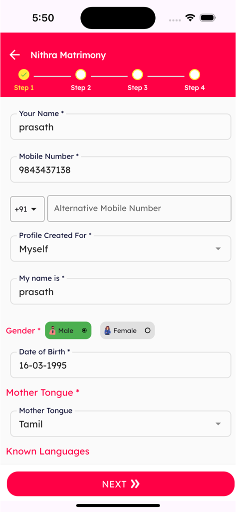 Nithra Matrimony for Tamil - Nithra Matrimony registration screen showing personal details for a Tamil marriage profile