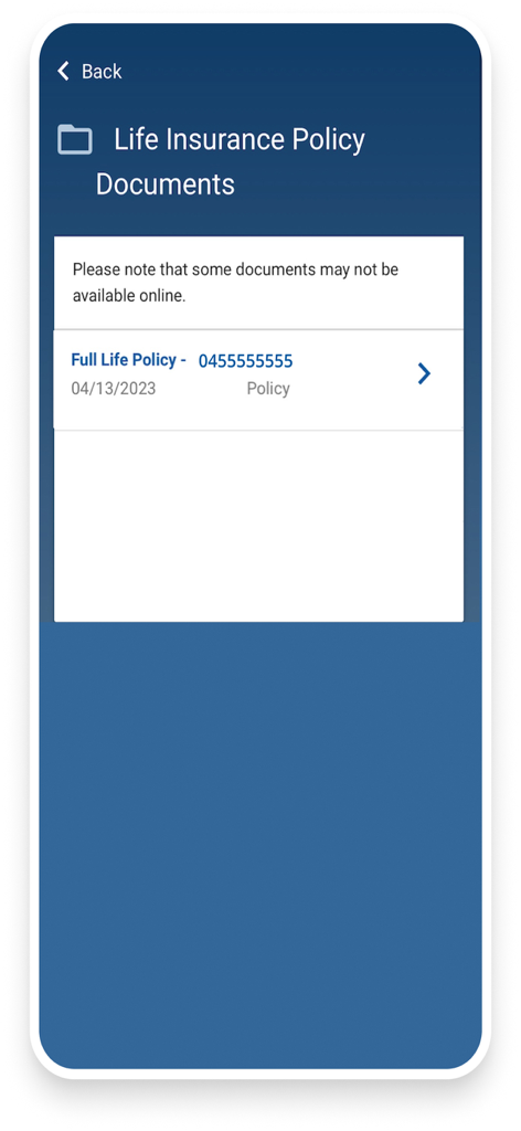 MyPrimerica - MyPrimerica mobile app screen showing life insurance policy documents in a secure folder