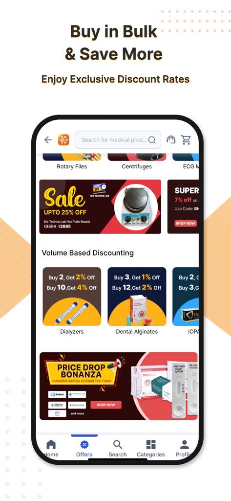 Medikabazaar-Medical Supplies - Medikabazaar app screen displaying volume-based discounts and bulk buy offers for medical supplies