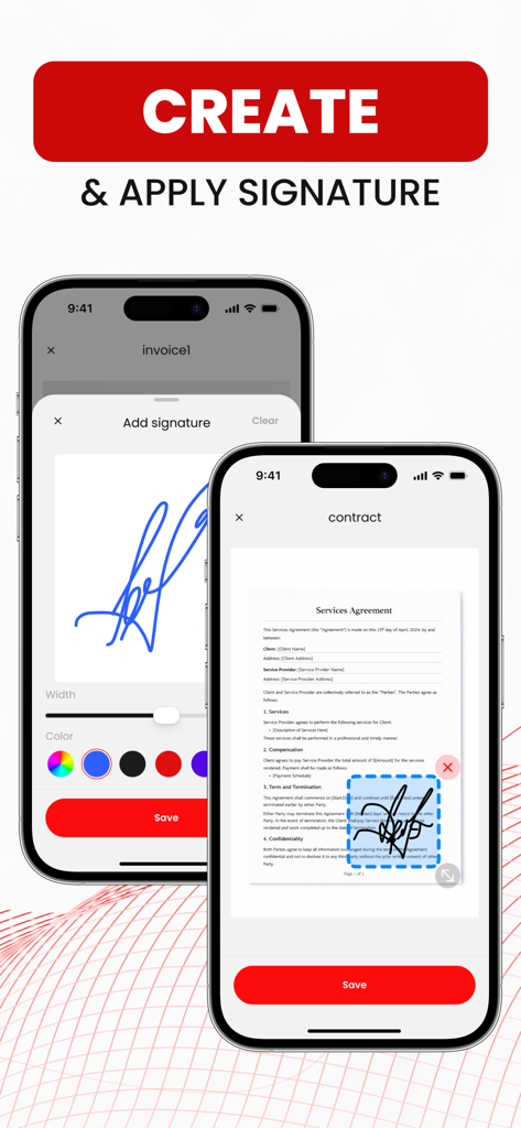 Interface of the PDF Converter app showing how to create and apply a digital signature to a mobile document