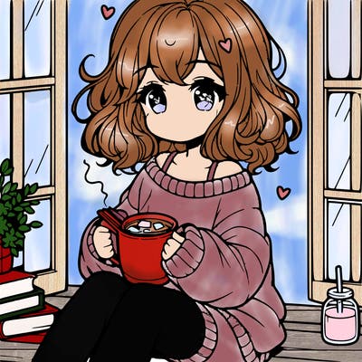 cute anime girl reading book and drinking hot chocolate from mug with loose wavy hair wearing a baggy sweatshirt and shorts sitting by windowsill looking out