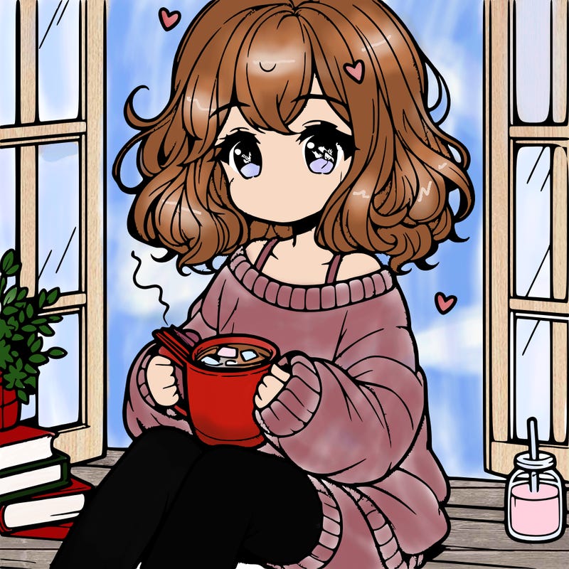 cute anime girl reading book and drinking hot chocolate from mug with loose wavy hair wearing a baggy sweatshirt and shorts sitting by windowsill looking out