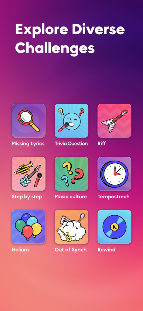 Una pantalla que muestra varios desafíos de concursos de música en la aplicación KaraFun, como Letras que Faltan y Preguntas de Trivia