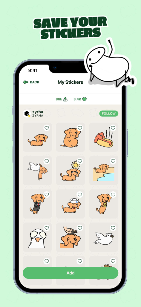 WhatSticker - Sticker Maker - A smartphone displaying a collection of custom dog and bird stickers in the WhatSticker app library.