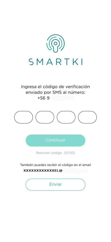 SmartKi Access - Bildschirm zur Eingabe von SMS- und E-Mail-Verifizierungscodes der mobilen SmartKi Access App