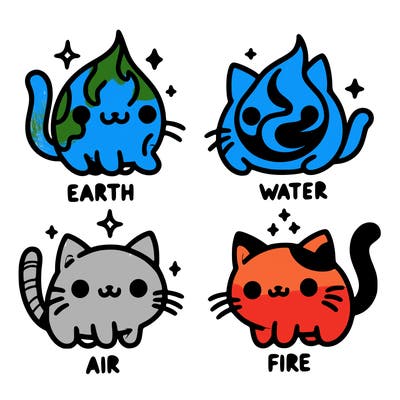 4 cats that represent the different elements, earth, water, air, and fire