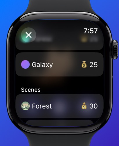 Pixel Paws - Virtual Pet Toy - Interface do Apple Watch mostrando a loja Pixel Paws onde os jogadores podem desbloquear cenas Galáxia e Floresta com moedas ganhas