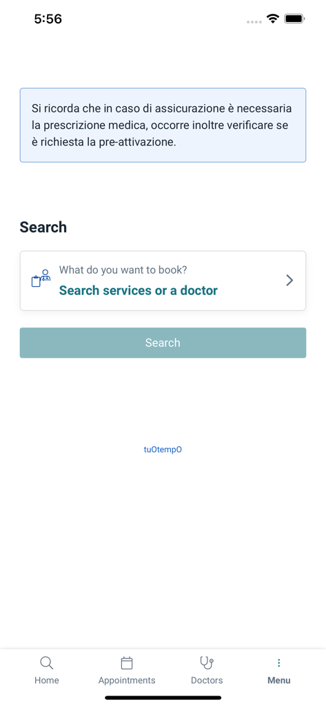 의사 및 의료 서비스 예약을 위한 VillaMargherita 앱 검색 인터페이스