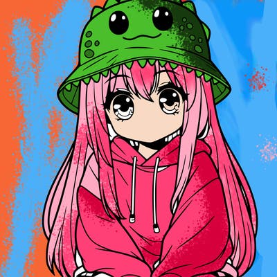 girl with anime shaped eyes with a dinosaur bucket hat oversized sweatshirt long straight hair