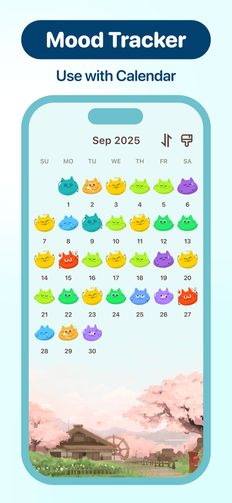 Stress Monitor - Moodpress - Monthly mood tracker calendar view in the Moodpress app featuring colorful cat icons for each day