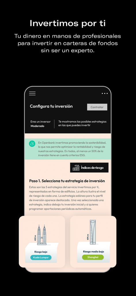 Pantalla de la app Openbank Wealth para la selección de la estrategia de inversión basada en niveles de riesgo con puntos de referencia arquitectónicos