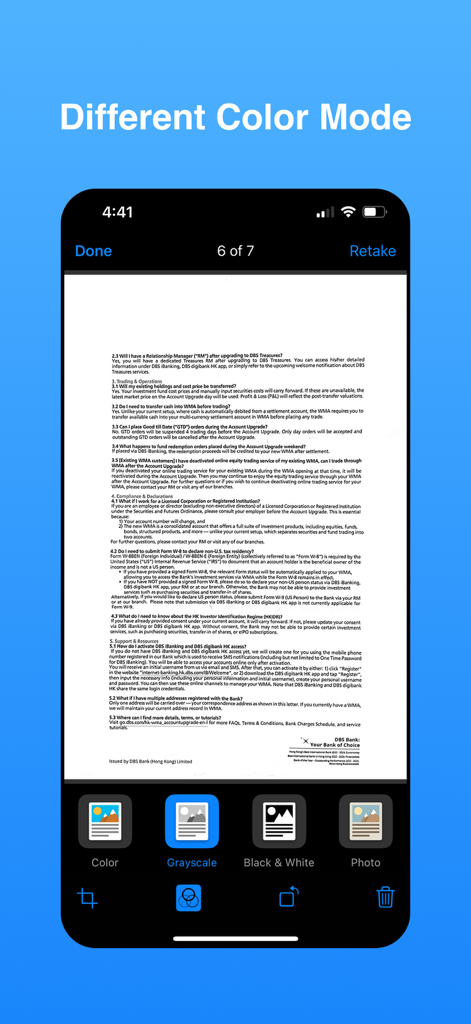 PDF Scanner - Easy Scan PDF - Mobile App-Oberfläche, die einen Dokumentenscan im Graustufenmodus mit verschiedenen Farbfiltern wie Schwarzweiß und Foto unten zeigt.