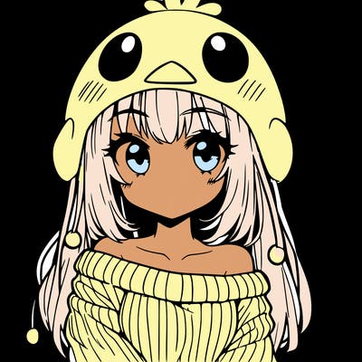 anime girl with chick shaped hat with sweater with bare shoulders with bangs covering them one eye with low tail