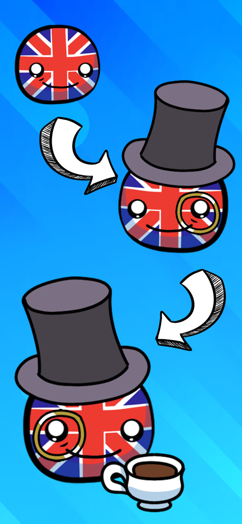 Country Balls: World Connect - Three stages of a UK countryball character evolving with a top hat and tea