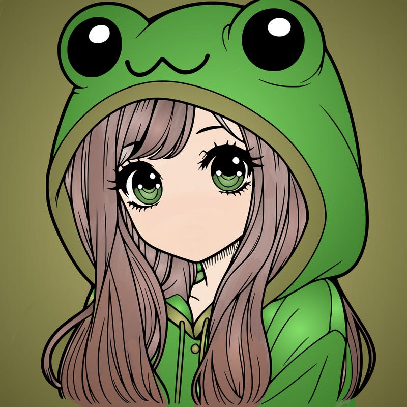 a pretty girl wearing a frog hoodie portrait with long hair
