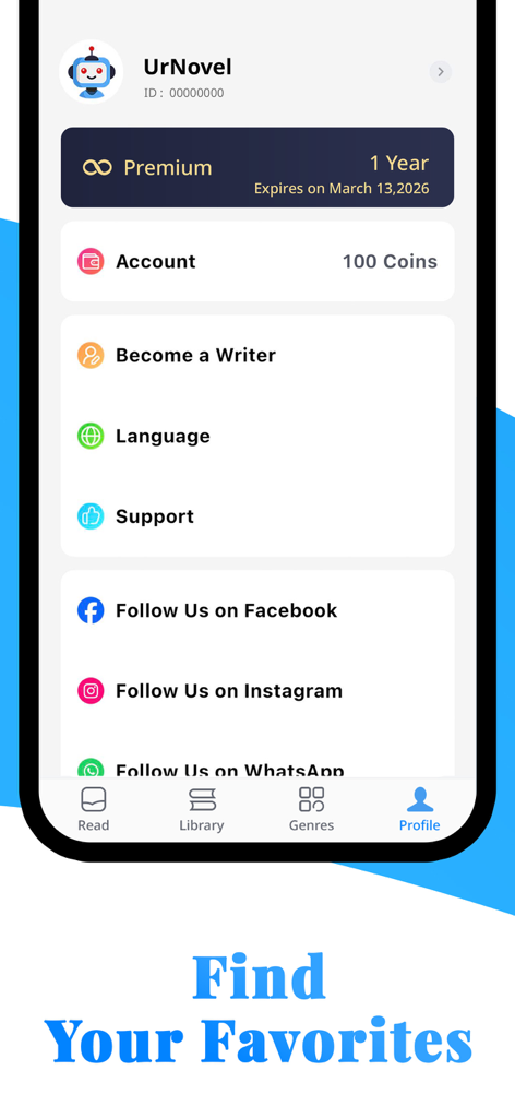 UrNovel: Story Books & Novels - UrNovel app profile screen showing premium membership account coins and settings