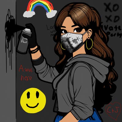 realistic girl with mask spray painting a wall