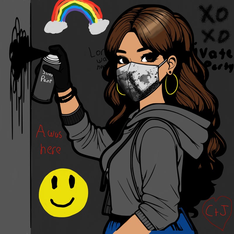 realistic girl with mask spray painting a wall
